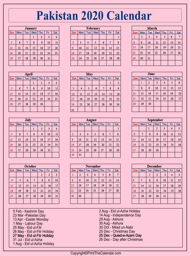 Pakistan Printable Calendar 2020